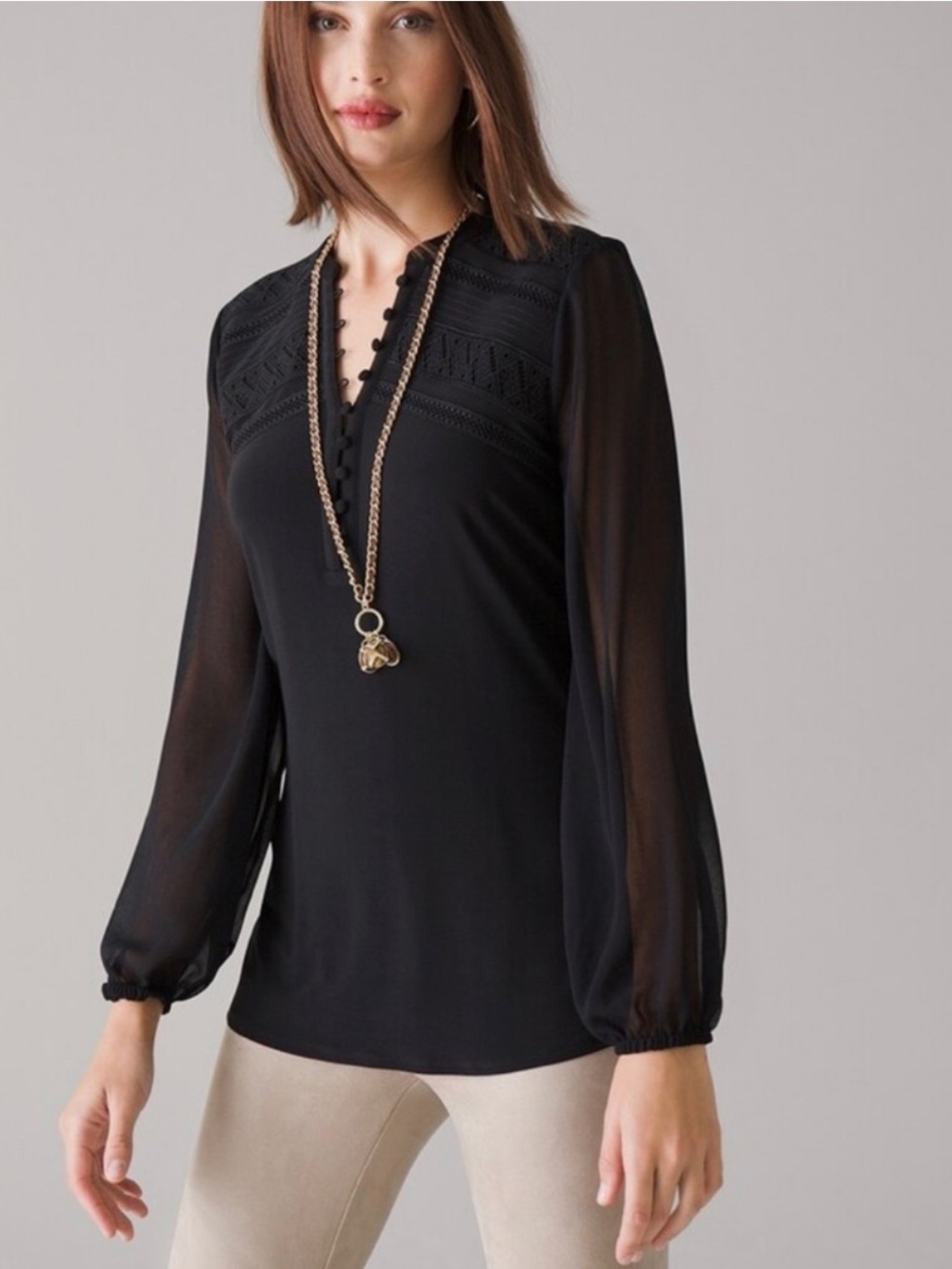 White House Black Market Black Collarless Sheer Sleeve Tunic Top Size Small